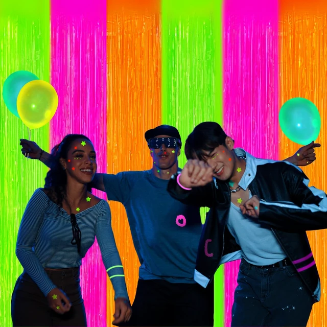 Alt view image 4 of 7 - Glow in The Dark Party Supplies 4 Pack Neon Party Decorations Foil Fringe Curtains 3.3x6.6 ft Fluorescent Green Pink Orange Tinsel Streamers Glow Backdrop Photo Props