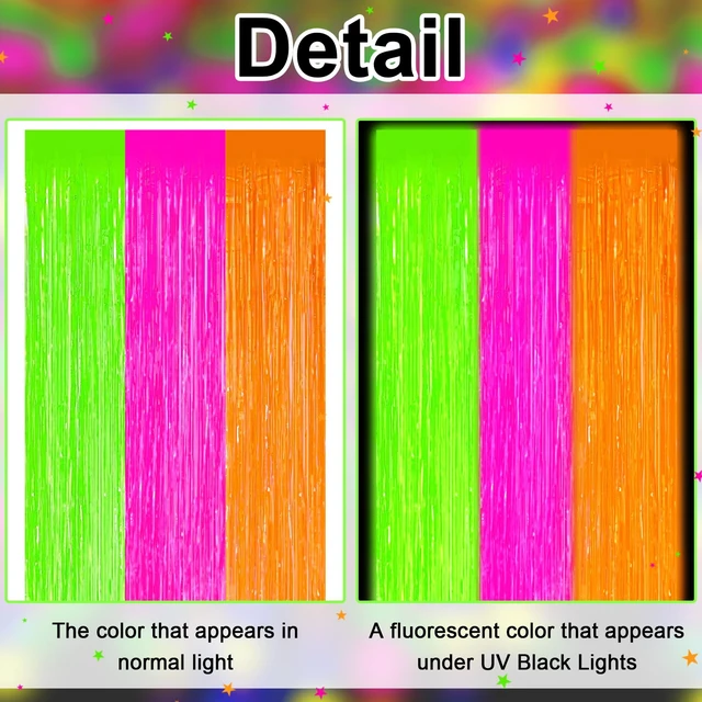 Alt view image 5 of 7 - Glow in The Dark Party Supplies 4 Pack Neon Party Decorations Foil Fringe Curtains 3.3x6.6 ft Fluorescent Green Pink Orange Tinsel Streamers Glow Backdrop Photo Props