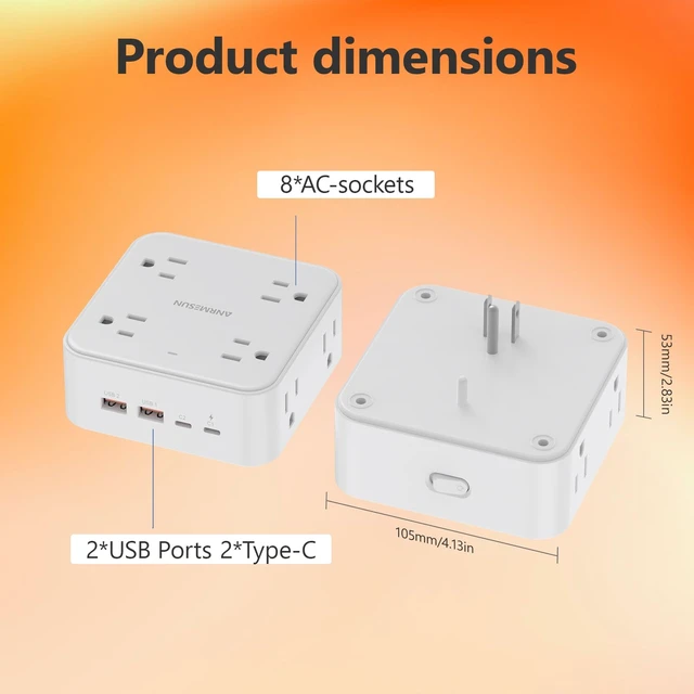 Alt view image 3 of 7 - Power Strip, Flat Wall Plug Extension Cord for Home Office 8 AC Outlets 4 USB (2 USB C), 5 Ft Outlet Extender, Flat Plug(Wireless)