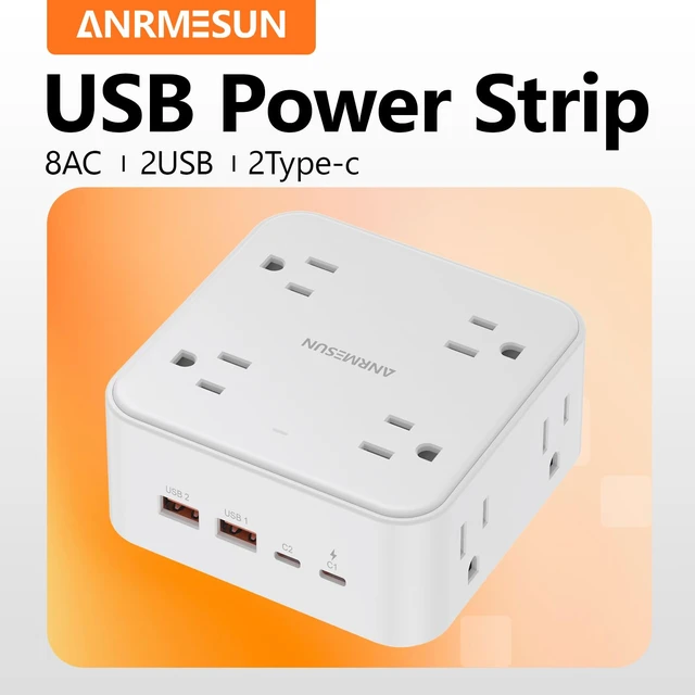 Alt view image 4 of 7 - Power Strip, Flat Wall Plug Extension Cord for Home Office 8 AC Outlets 4 USB (2 USB C), 5 Ft Outlet Extender, Flat Plug(Wireless)