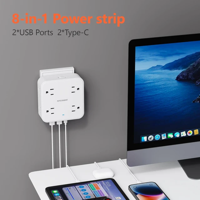 Alt view image 6 of 7 - Power Strip, Flat Wall Plug Extension Cord for Home Office 8 AC Outlets 4 USB (2 USB C), 5 Ft Outlet Extender, Flat Plug(Wireless)