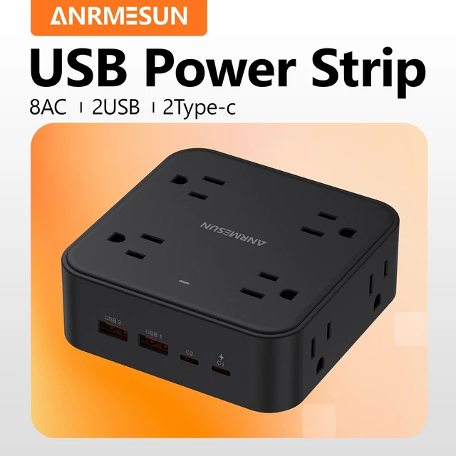 Alt view image 4 of 7 - Power Strip, Flat Wall Plug Extension Cord for Home Office 8 AC Outlets 4 USB (2 USB C), 5 Ft Outlet Extender, Flat Plug(Wireless)