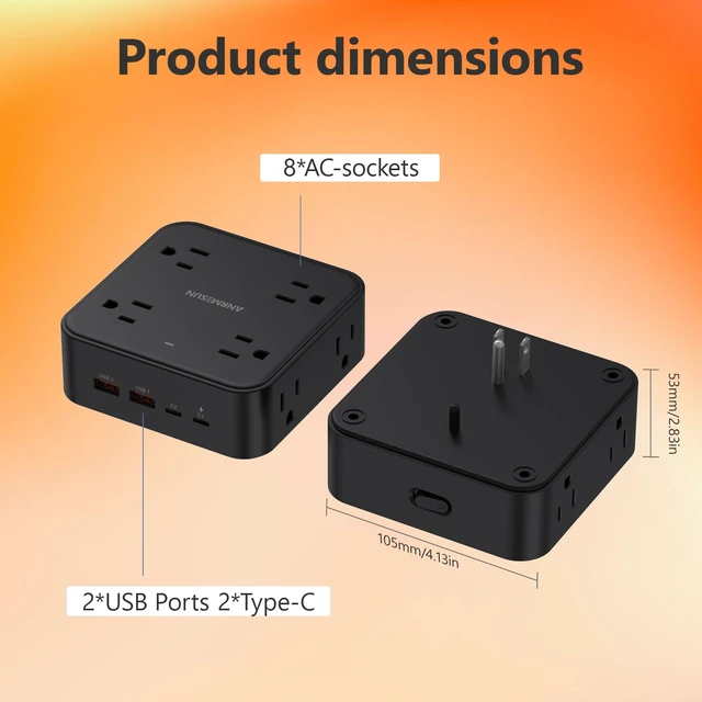 Alt view image 3 of 7 - Power Strip, Flat Wall Plug Extension Cord for Home Office 8 AC Outlets 4 USB (2 USB C), 5 Ft Outlet Extender, Flat Plug(Wireless)