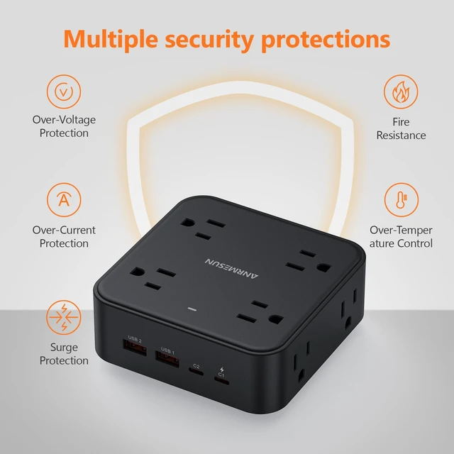 Alt view image 5 of 7 - Power Strip, Flat Wall Plug Extension Cord for Home Office 8 AC Outlets 4 USB (2 USB C), 5 Ft Outlet Extender, Flat Plug(Wireless)