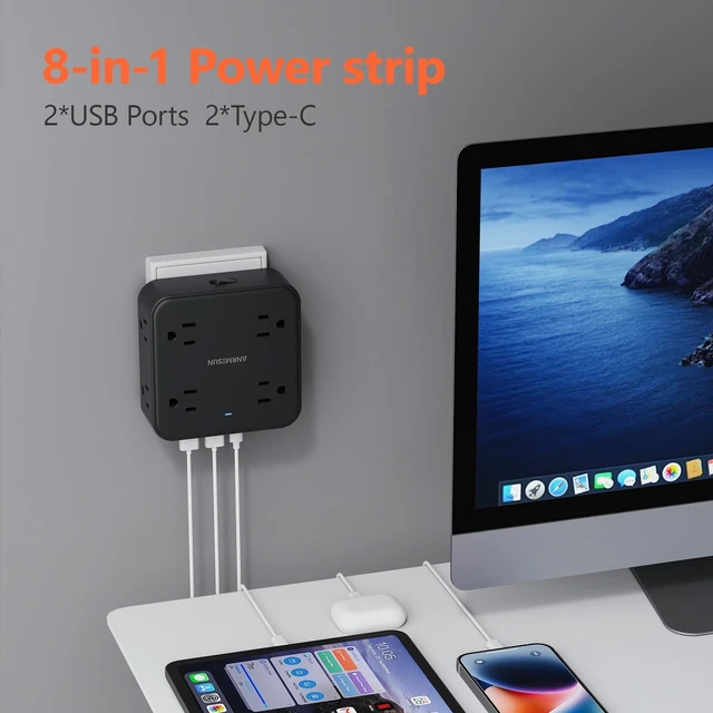 Alt view image 6 of 7 - Power Strip, Flat Wall Plug Extension Cord for Home Office 8 AC Outlets 4 USB (2 USB C), 5 Ft Outlet Extender, Flat Plug(Wireless)