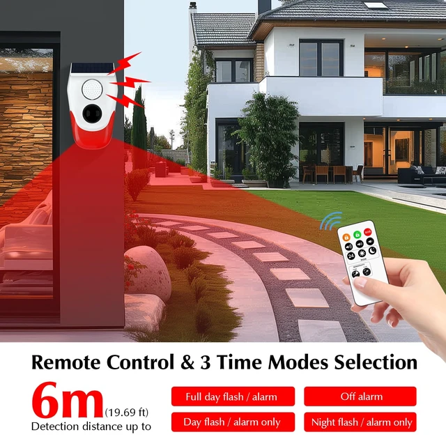 Alt view image 2 of 6 - Solar Motion Sensor Alarm Outdoor,120dB Loud Noise Maker&Strobe Light Remote Control, IP65 Waterproof, 3 Work Modes Motion Detector for Deer/Bear Deterrent, Driveway, Home, Villa, Farm, Barn