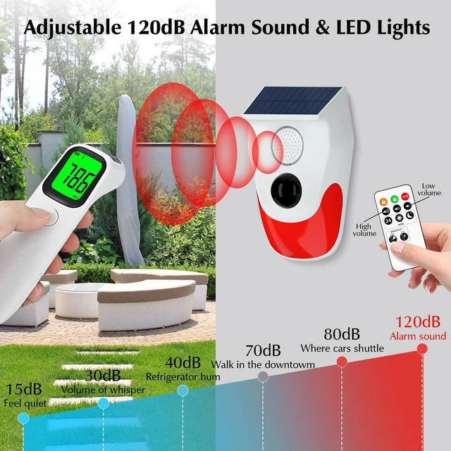 Alt view image 3 of 6 - Solar Motion Sensor Alarm Outdoor,120dB Loud Noise Maker&Strobe Light Remote Control, IP65 Waterproof, 3 Work Modes Motion Detector for Deer/Bear Deterrent, Driveway, Home, Villa, Farm, Barn