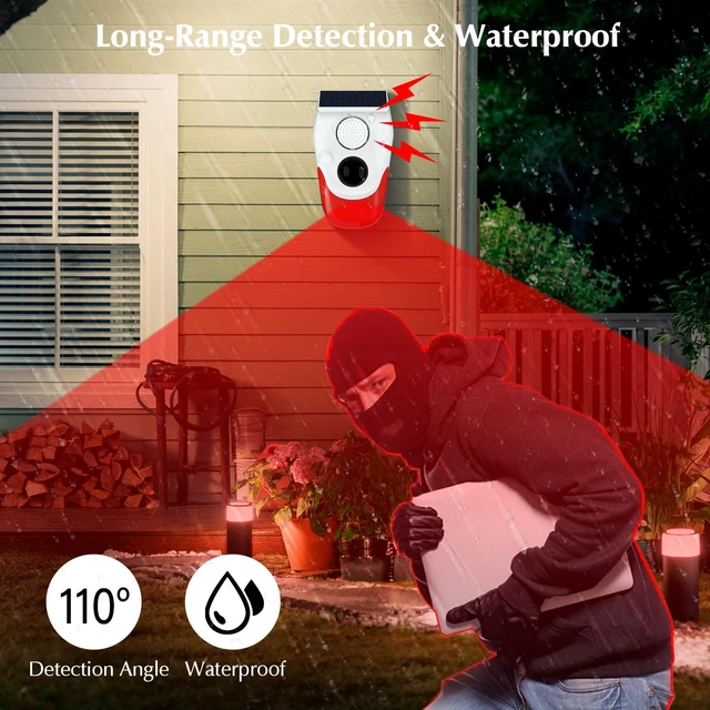 Alt view image 4 of 6 - Solar Motion Sensor Alarm Outdoor,120dB Loud Noise Maker&Strobe Light Remote Control, IP65 Waterproof, 3 Work Modes Motion Detector for Deer/Bear Deterrent, Driveway, Home, Villa, Farm, Barn