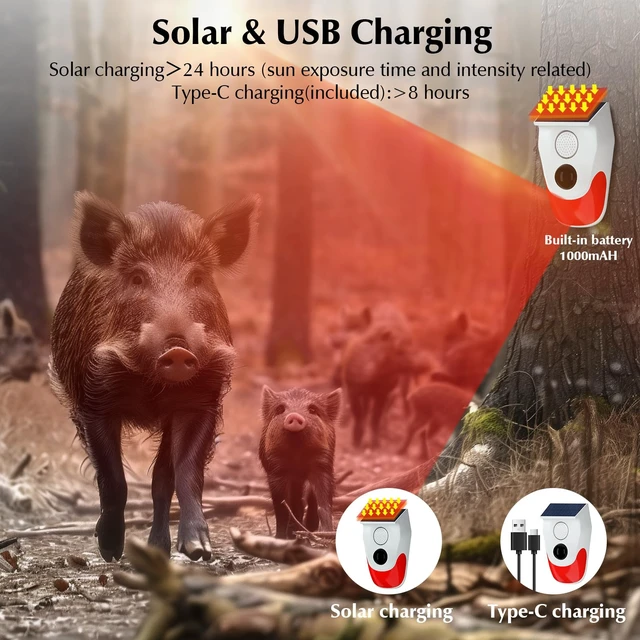Alt view image 6 of 6 - Solar Motion Sensor Alarm Outdoor,120dB Loud Noise Maker&Strobe Light Remote Control, IP65 Waterproof, 3 Work Modes Motion Detector for Deer/Bear Deterrent, Driveway, Home, Villa, Farm, Barn