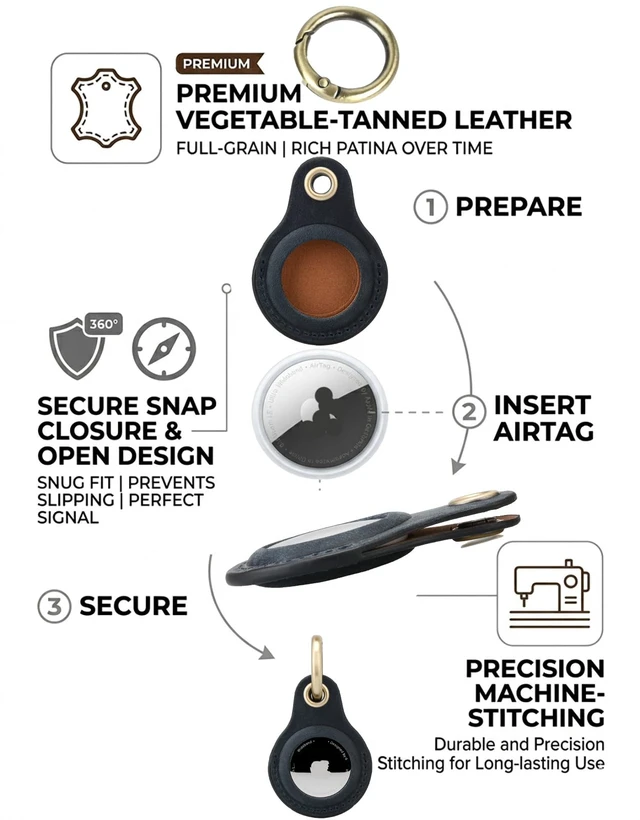 Alt view image 2 of 3 - Genuine Leather Keychain Holder for Apple AirTag, 2 Pack Compatible with AirTag 1st & 2nd Gen; two leather holders attach to keys, bags, luggage or pet collars. AirTag not included
