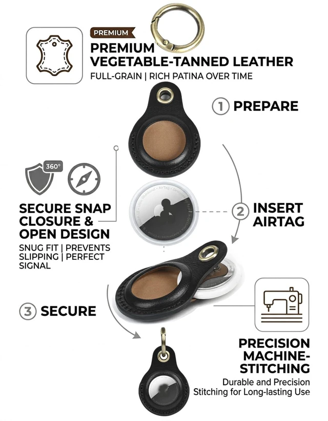 Alt view image 3 of 6 - Genuine Leather Keychain Holder for Apple AirTag, 2 Pack Compatible with AirTag 1st & 2nd Gen; two leather holders attach to keys, bags, luggage or pet collars. AirTag not included