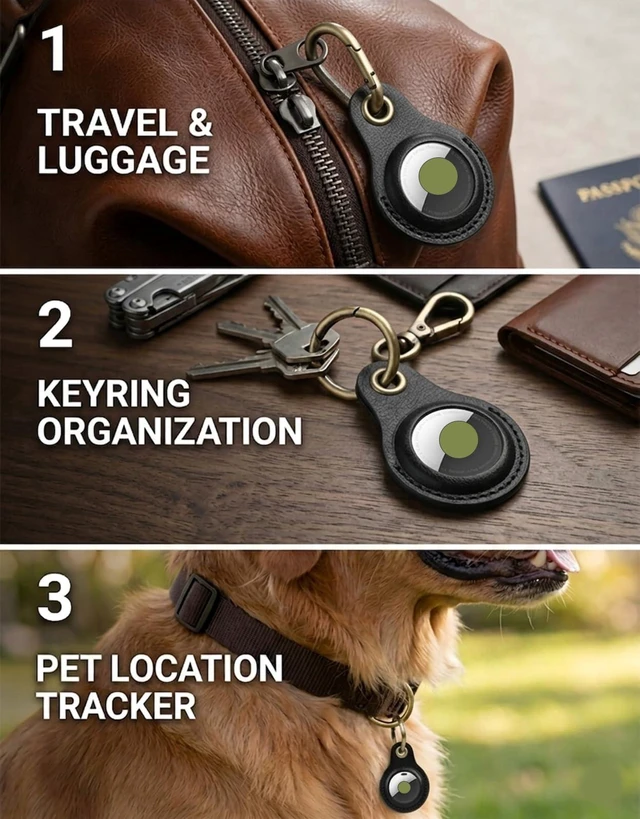 Alt view image 6 of 6 - Genuine Leather Keychain Holder for Apple AirTag, 2 Pack Compatible with AirTag 1st & 2nd Gen; two leather holders attach to keys, bags, luggage or pet collars. AirTag not included