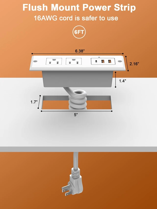 Alt view image 7 of 7 - Recessed Power Strip USB C Port for Drawer Outlet White Fast Charging USB C Port,QC3.0 USB-A Port.2AC Outlet,ETL Listed Conference
