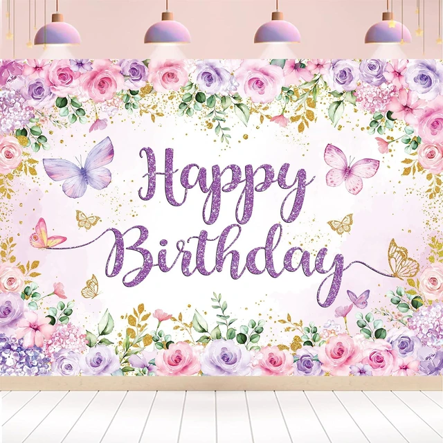 Main image of Purple Floral Happy Birthday Backdrop 8x6FT Watercolor Butterflies Flowers Photography Background Women Girls Birthday Party Decorations Cake Table Banner Photo Props