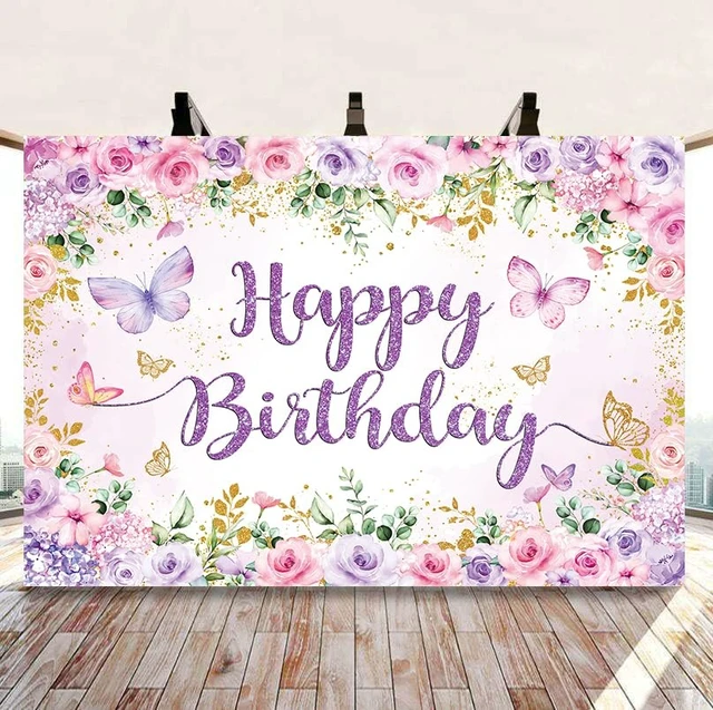 Alt view image 2 of 7 - Purple Floral Happy Birthday Backdrop 8x6FT Watercolor Butterflies Flowers Photography Background Women Girls Birthday Party Decorations Cake Table Banner Photo Props