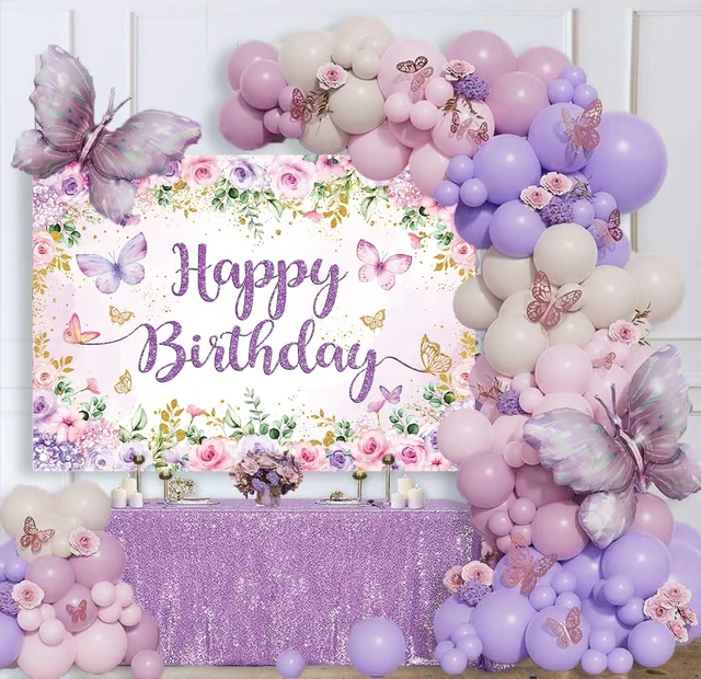 Alt view image 4 of 7 - Purple Floral Happy Birthday Backdrop 8x6FT Watercolor Butterflies Flowers Photography Background Women Girls Birthday Party Decorations Cake Table Banner Photo Props