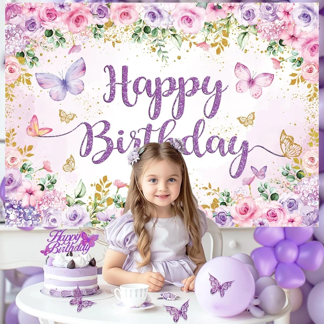 Alt view image 3 of 7 - Purple Floral Happy Birthday Backdrop 8x6FT Watercolor Butterflies Flowers Photography Background Women Girls Birthday Party Decorations Cake Table Banner Photo Props
