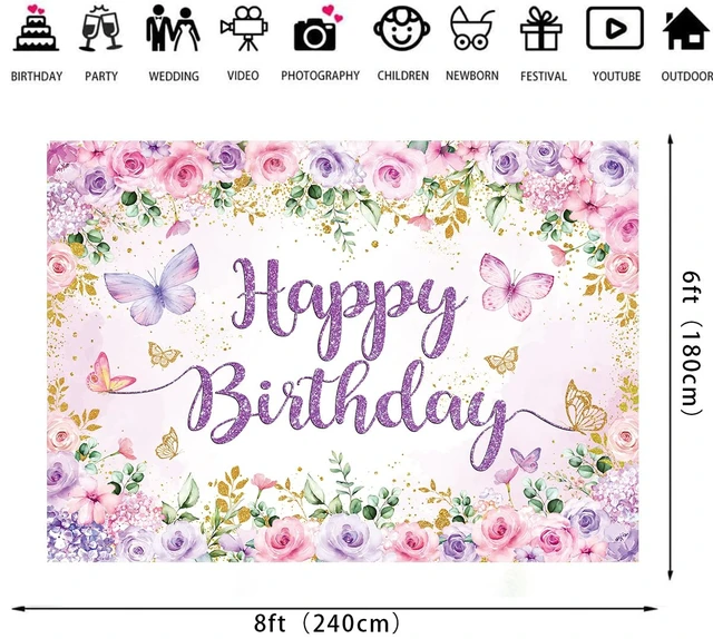 Alt view image 6 of 7 - Purple Floral Happy Birthday Backdrop 8x6FT Watercolor Butterflies Flowers Photography Background Women Girls Birthday Party Decorations Cake Table Banner Photo Props