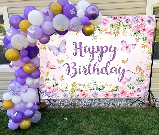 Alt view image 5 of 7 - Purple Floral Happy Birthday Backdrop 8x6FT Watercolor Butterflies Flowers Photography Background Women Girls Birthday Party Decorations Cake Table Banner Photo Props