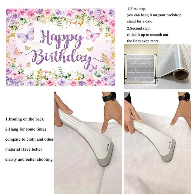 Alt view image 7 of 7 - Purple Floral Happy Birthday Backdrop 8x6FT Watercolor Butterflies Flowers Photography Background Women Girls Birthday Party Decorations Cake Table Banner Photo Props