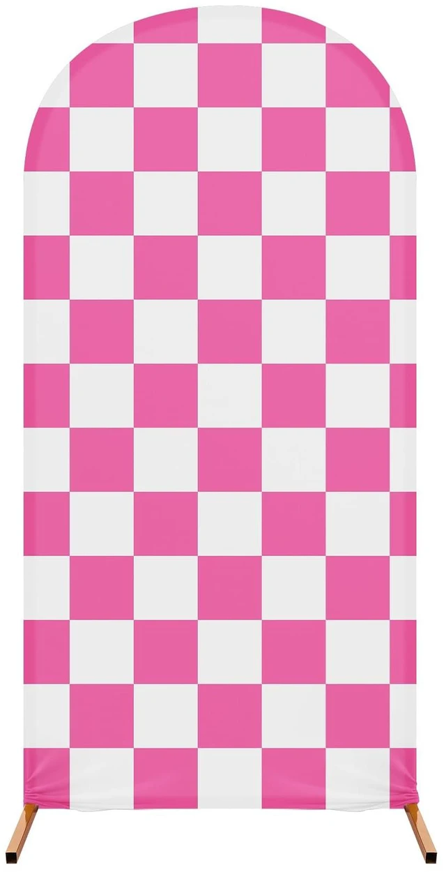 Main image of 7.2 ft Racing Party Arch Backdrop Cover, Pink Fast Arch Covers, Wedding Ceremony Decor, Birthday Banquet, Race Theme Checkered, Stretchy Spandex Fits Standard Frames