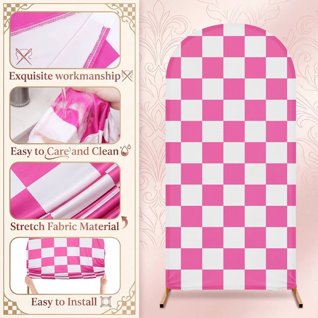 Alt view image 2 of 7 - 7.2 ft Racing Party Arch Backdrop Cover, Pink Fast Arch Covers, Wedding Ceremony Decor, Birthday Banquet, Race Theme Checkered, Stretchy Spandex Fits Standard Frames