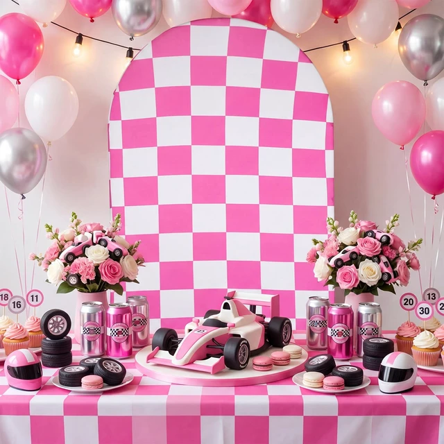 Alt view image 5 of 7 - 7.2 ft Racing Party Arch Backdrop Cover, Pink Fast Arch Covers, Wedding Ceremony Decor, Birthday Banquet, Race Theme Checkered, Stretchy Spandex Fits Standard Frames