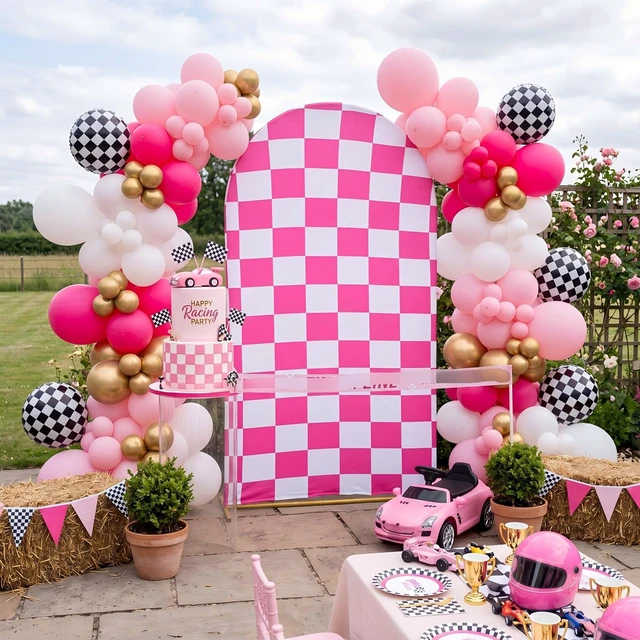 Alt view image 6 of 7 - 7.2 ft Racing Party Arch Backdrop Cover, Pink Fast Arch Covers, Wedding Ceremony Decor, Birthday Banquet, Race Theme Checkered, Stretchy Spandex Fits Standard Frames