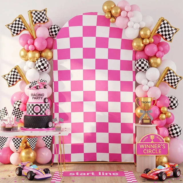 Alt view image 7 of 7 - 7.2 ft Racing Party Arch Backdrop Cover, Pink Fast Arch Covers, Wedding Ceremony Decor, Birthday Banquet, Race Theme Checkered, Stretchy Spandex Fits Standard Frames