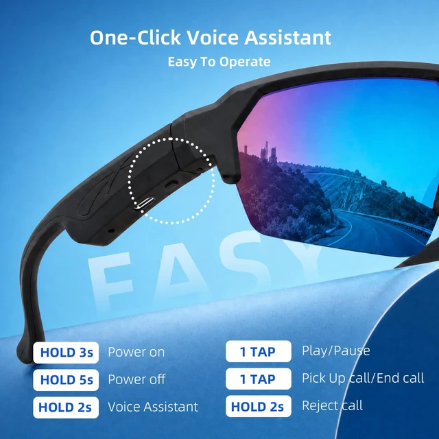 Alt view image 3 of 7 - Smart Bluetooth Sunglasses, Polarized Sports Glasses with Speakers Open-Ear Audio, Hands-Free Calls, UV400 Protection, for Cycling Running Hiking Fishing Driving, Blue