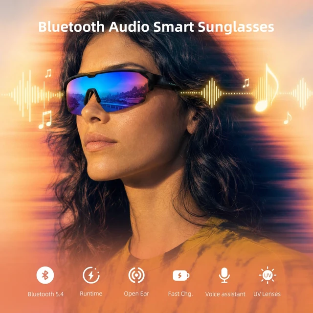 Alt view image 2 of 7 - Smart Bluetooth Sunglasses, Polarized Sports Glasses with Speakers Open-Ear Audio, Hands-Free Calls, UV400 Protection, for Cycling Running Hiking Fishing Driving, Blue