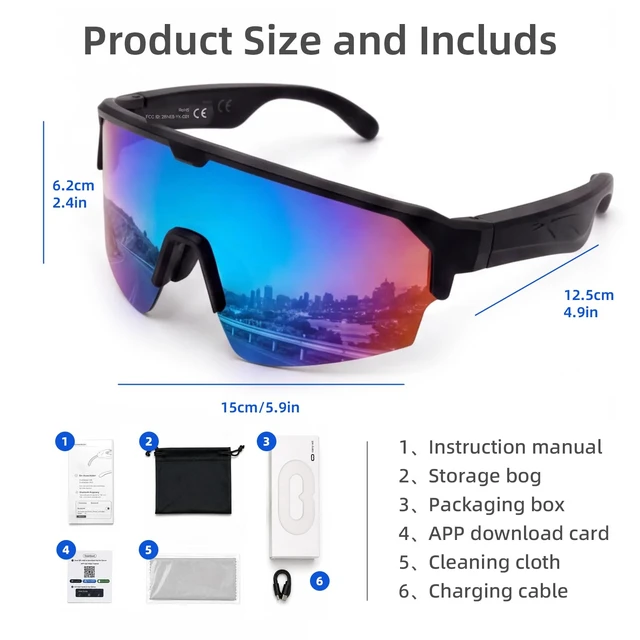 Alt view image 7 of 7 - Smart Bluetooth Sunglasses, Polarized Sports Glasses with Speakers Open-Ear Audio, Hands-Free Calls, UV400 Protection, for Cycling Running Hiking Fishing Driving, Blue