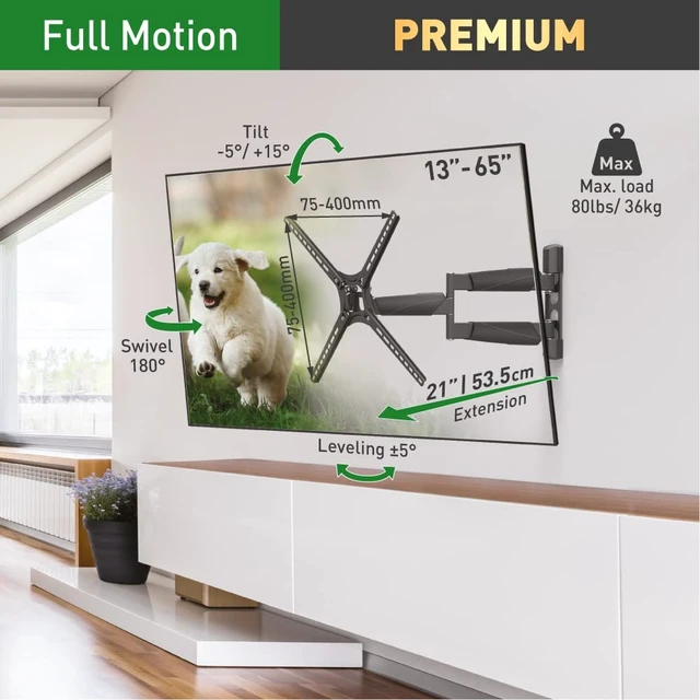Alt view image 2 of 7 - 21'' Long TV Wall Mount, 13-65 inch Full Motion Articulating - 4 Movement Premium Flat/Curved Screen Bracket, Holds up to 80lbs, Extremely Extendable, Fits LED OLED LCD