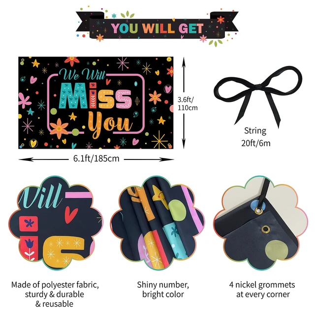 Alt view image 2 of 6 - We Will Miss You Backdrop, Going Away Party Decorations, Farewell Photo Booth Props Banner for Graduation, Goodbye, Retirement Party Decorations, Sturdy, Vibrant Colors, Fabric