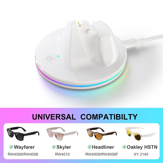 Alt view image 2 of 7 - Charging Dock for Ray-Ban Meta Glasses, White Compatible with Wayfarer, Skyler, Headliner & Oakley HSTN, LED Indicator, Ambient LightingUSB Cable