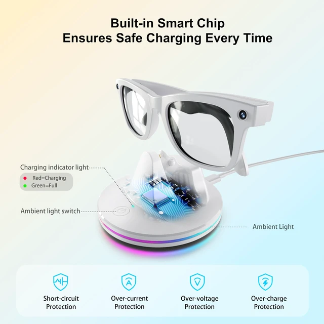 Alt view image 5 of 7 - Charging Dock for Ray-Ban Meta Glasses, White Compatible with Wayfarer, Skyler, Headliner & Oakley HSTN, LED Indicator, Ambient LightingUSB Cable
