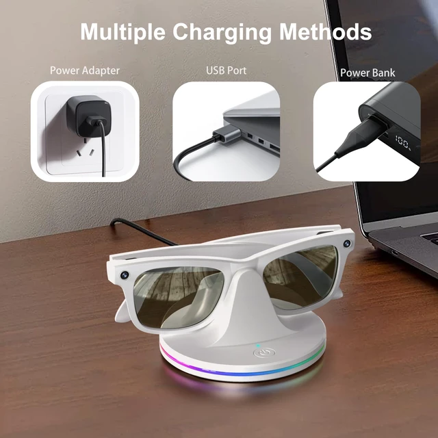 Alt view image 4 of 7 - Charging Dock for Ray-Ban Meta Glasses, White Compatible with Wayfarer, Skyler, Headliner & Oakley HSTN, LED Indicator, Ambient LightingUSB Cable