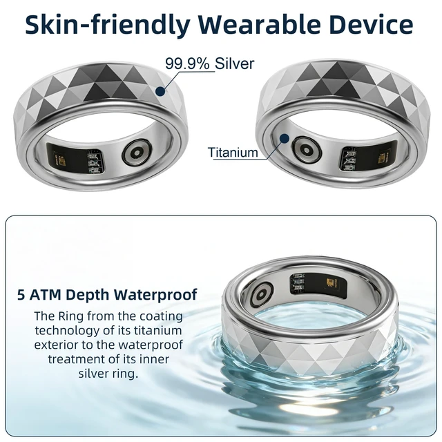 Alt view image 3 of 7 - Smart Ring for Women & Men, Fitness Tracker Silver Rings with Heart Rate, Blood Oxygen, Sleep & Step Counting, Waterproof, No Subscription Fee, 24H Wearable Health Tracker