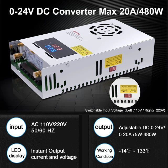 Alt view image 2 of 7 - Adjustable Power Supply with LED Display - 110V AC to 24V DC Converter 480W 20A