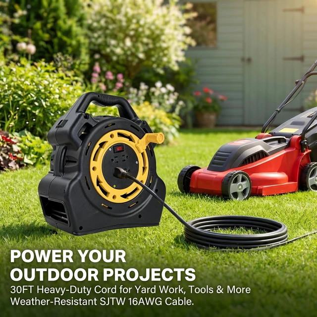 Alt view image 3 of 7 - 30 Ft Retractable Extension Cord Reel with 4 Outlets, 16/3 SJTW Heavy Duty Power Strip, 10A 1625W Overload Protection & Master Switch (30ft)