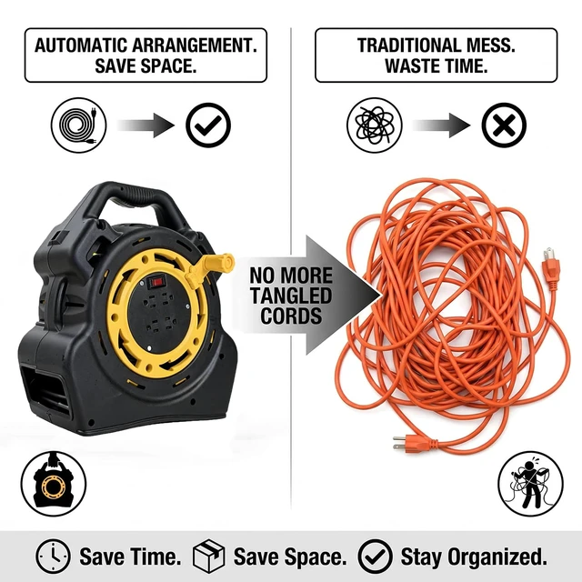 Alt view image 4 of 7 - 30 Ft Retractable Extension Cord Reel with 4 Outlets, 16/3 SJTW Heavy Duty Power Strip, 10A 1625W Overload Protection & Master Switch (30ft)