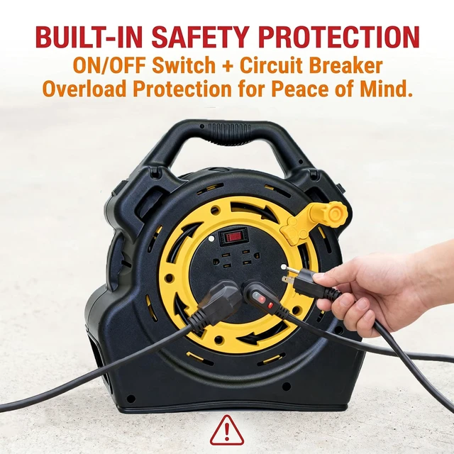 Alt view image 5 of 7 - 30 Ft Retractable Extension Cord Reel with 4 Outlets, 16/3 SJTW Heavy Duty Power Strip, 10A 1625W Overload Protection & Master Switch (30ft)