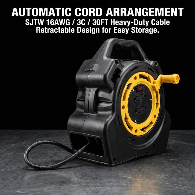 Alt view image 6 of 7 - 30 Ft Retractable Extension Cord Reel with 4 Outlets, 16/3 SJTW Heavy Duty Power Strip, 10A 1625W Overload Protection & Master Switch (30ft)