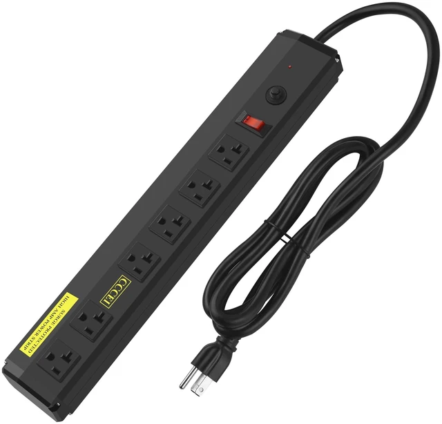 Main image of Heavy Duty Power Strip Surge Protector 20 Amp, High Amp Industrial Shop Garage Metal Multiple Outlets, 15 FT 12 Gauge 5-15P Extension Cord 6 Outlet 6-20R T-Slot 20a for Appliance. Black