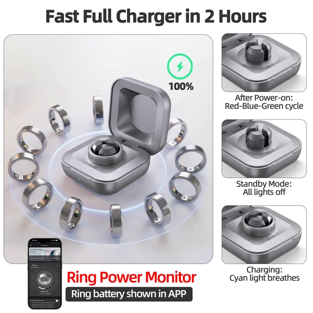 Alt view image 7 of 7 - Smart Ring Portable Charging Case 600mAh Compatible with Ou-ra Ring Gen 4 Ou-ra Ring 4 Charger; 600mAh Travel Wireless Charger Fits Sizes 7, 8, 9, 10, 11, 12, 13; With Cable; Not For Gen 3 Or Gen 5