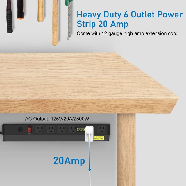 Alt view image 2 of 7 - Heavy Duty Power Strip Surge Protector 20 Amp, High Amp Industrial Shop Garage Metal Multiple Outlets, 15 FT 12 Gauge 5-15P Extension Cord 6 Outlet 6-20R T-Slot 20a for Appliance. Black