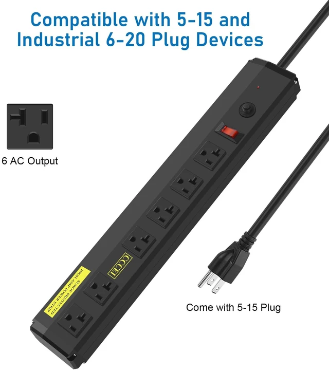 Alt view image 3 of 7 - Heavy Duty Power Strip Surge Protector 20 Amp, High Amp Industrial Shop Garage Metal Multiple Outlets, 15 FT 12 Gauge 5-15P Extension Cord 6 Outlet 6-20R T-Slot 20a for Appliance. Black