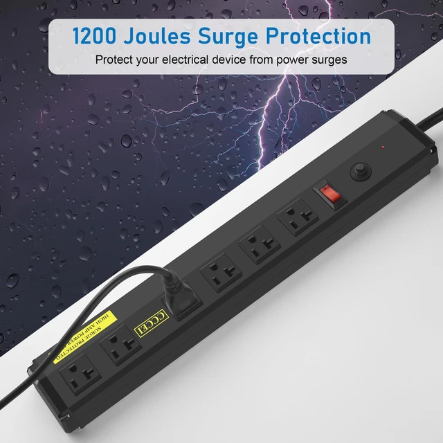 Alt view image 5 of 7 - Heavy Duty Power Strip Surge Protector 20 Amp, High Amp Industrial Shop Garage Metal Multiple Outlets, 15 FT 12 Gauge 5-15P Extension Cord 6 Outlet 6-20R T-Slot 20a for Appliance. Black