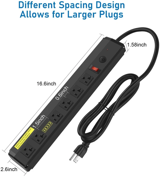Alt view image 6 of 7 - Heavy Duty Power Strip Surge Protector 20 Amp, High Amp Industrial Shop Garage Metal Multiple Outlets, 15 FT 12 Gauge 5-15P Extension Cord 6 Outlet 6-20R T-Slot 20a for Appliance. Black
