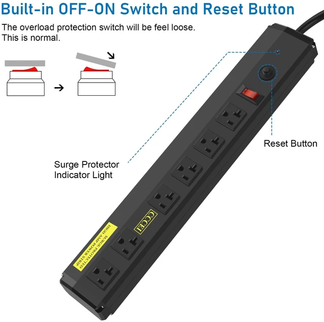 Alt view image 7 of 7 - Heavy Duty Power Strip Surge Protector 20 Amp, High Amp Industrial Shop Garage Metal Multiple Outlets, 15 FT 12 Gauge 5-15P Extension Cord 6 Outlet 6-20R T-Slot 20a for Appliance. Black